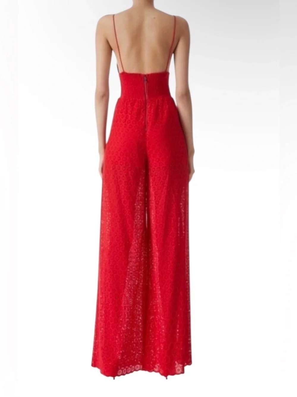 Alice + Olivia Women’s Red Eyelet Lace V-Neck Wide-Leg Jumpsuit 8
